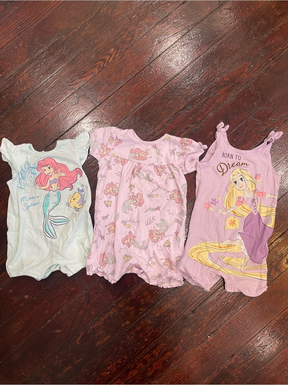 Disney Baby Girls' Romper Bundle - Ariel & Rapunzel Pink & Light Blue
